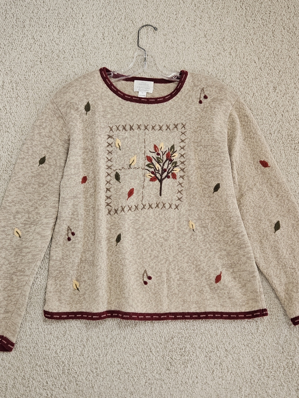 Vintage Christopher Banks Fall Sweater Womens XL Hand Embriodered Leaves Trees - Picture 5 of 11